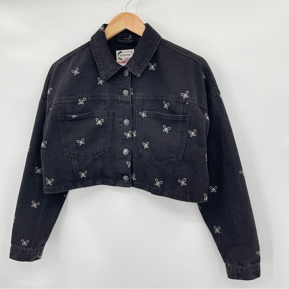 Stoosh Vintage Denim Butterfly Cropped Jean Jacket Black Size Small Button Front